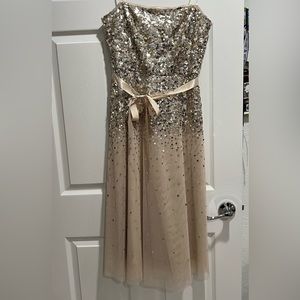 NWT BCBGMAXAZRIA Sequined Strapless Fit & Flare Dress Chalk / Beige 6